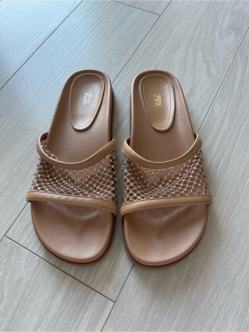 Zara Rhinestone Mesh Flat Slide Sandals Light Beige Size 39 - Picture 2 of 7